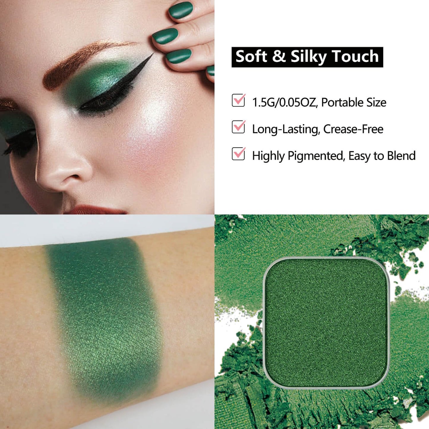 Magnetic Single-Color Metallic Flash Eyeshadow with Pan, Spring and Summer Green Eyeshadow Refill Pan, DIY Empty Magnetic Palette (Green Glimmer)