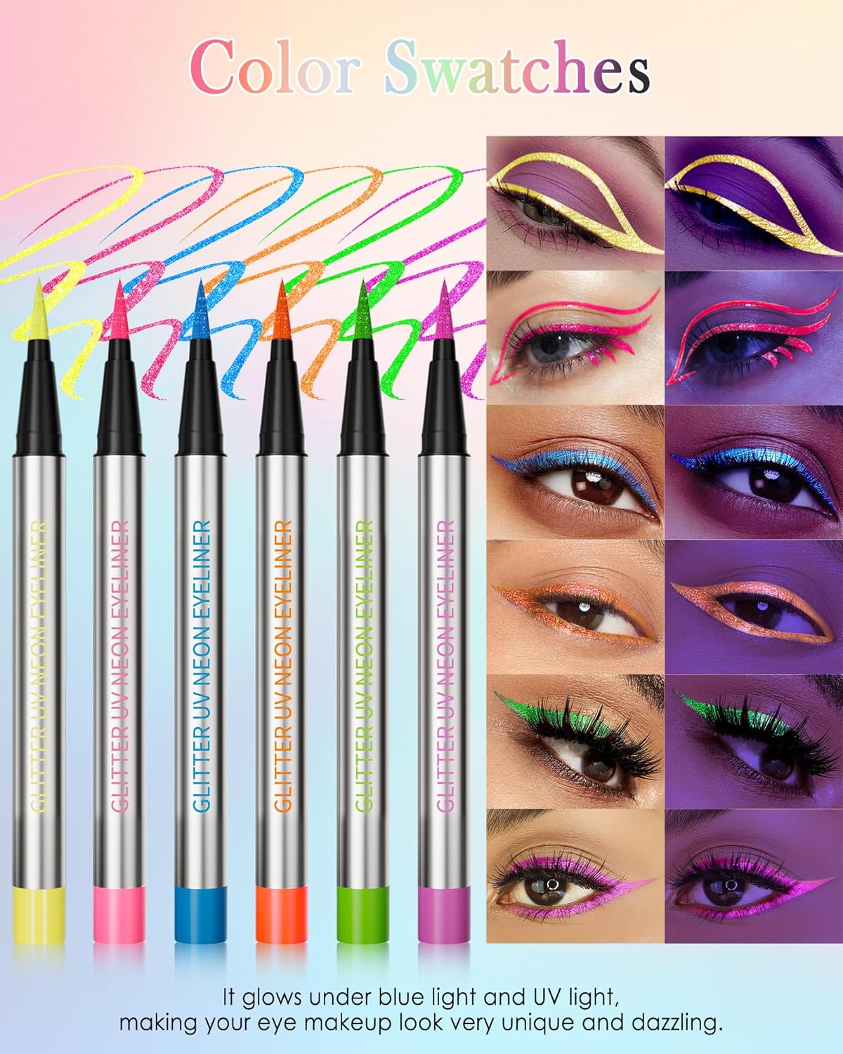 Glitter UV Neon Eyeliner Pencil, Waterproof Smudge-Proof Purple Eye Liner Liquid Pen, High-Pigment Shimmer Eyeliner Pen Long-Lasting Colorful Professional Makeup,Halloween Rave Party Gift for Women-06