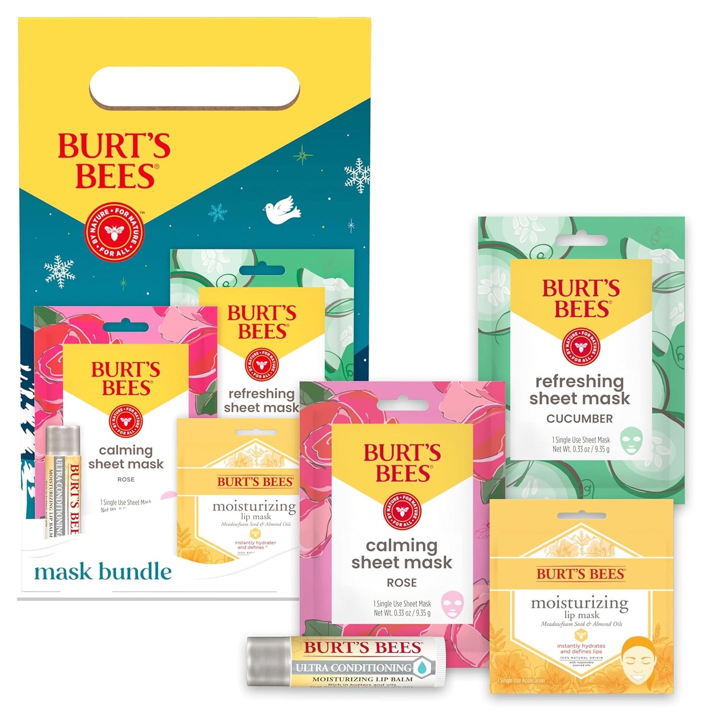 Burt’s Bees Mask Bundle Gift Set; , Ultra Conditioning Lip Balm and Moisturizing Lip, Refreshing Sheet and Calming Sheet Masks; Festive Packaging; 1 Gift Set