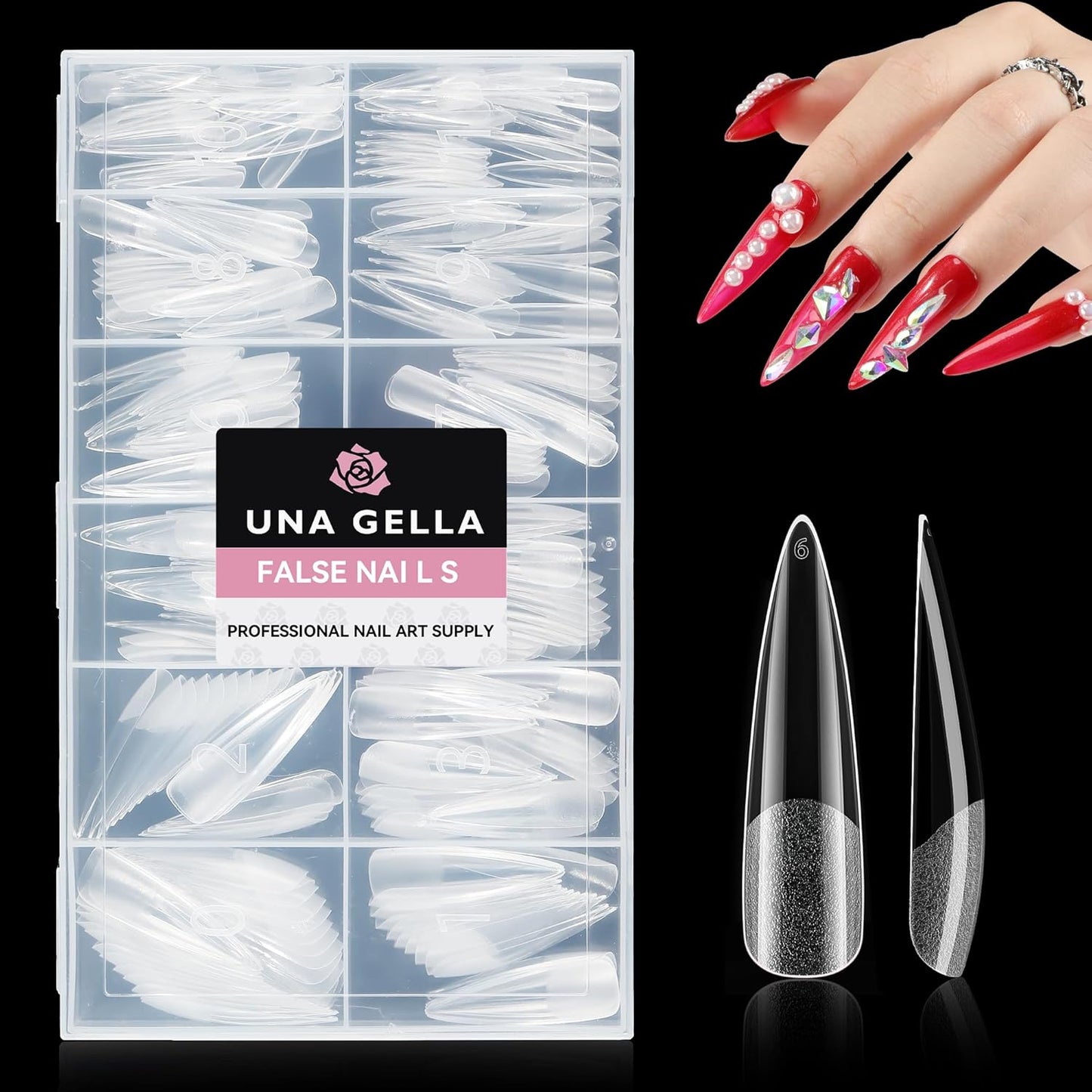 UNA GELLA Halloween XXL Stiletto Nail Tips, 312pcs Pre-Shape Extra Long Stiletto Nails Tips Pre Etched Full Cover No Need File Clear Fake Nails for Party DIY Art Salon 12 Sizes
