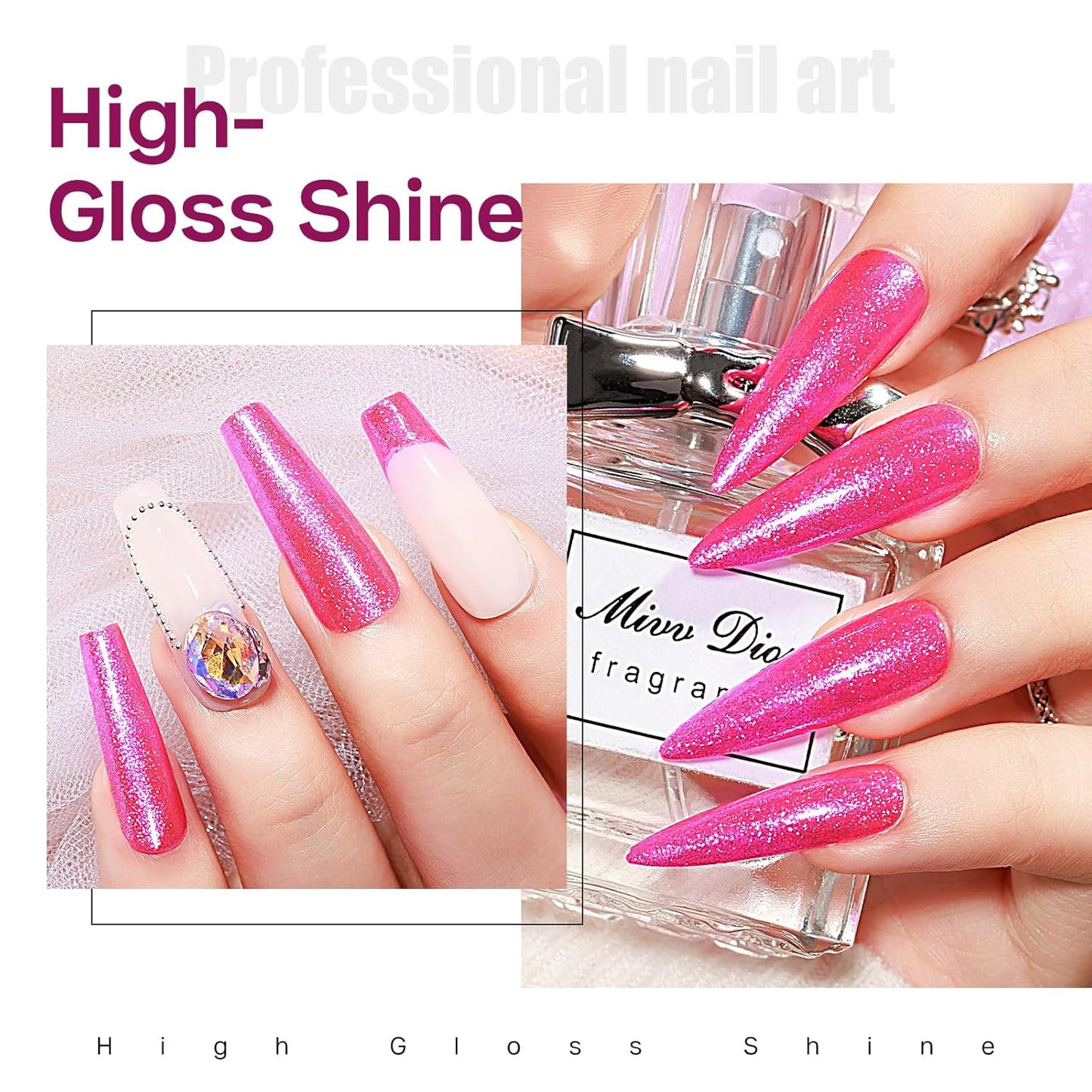 MIZHSE Quick Dry Glitter Rose Red Nail Polish, Shimmery Nail Polish Fast Drying, 15ml High Glossy Sparkly Shiny Nail Lacquer Nail Art Salon Manicure Home