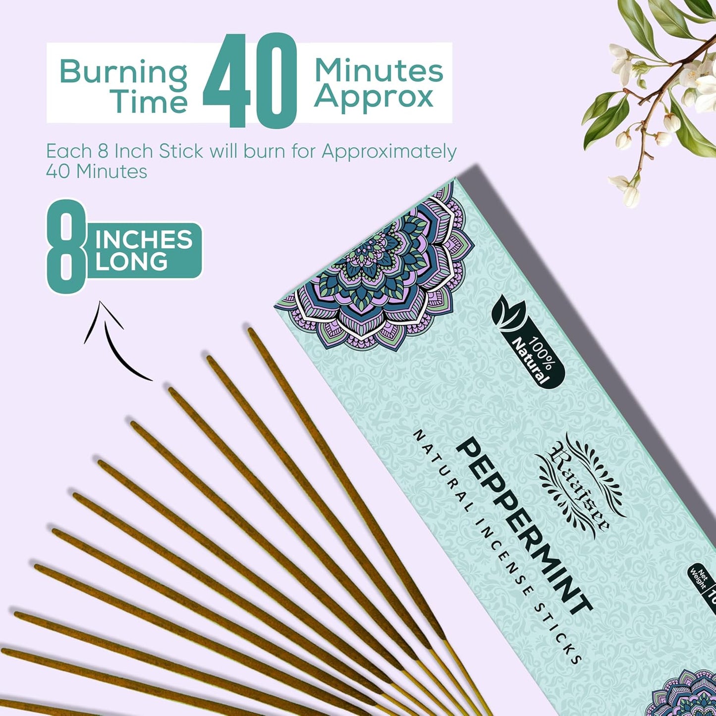 Peppermint Incense Sticks 100 gm Pack, Charcoal Free - 100% Natural,Organic Non Toxic Insence Sticks, Inscents Made with Flowers, Meditation Gifts for Spiritual Cleansing, Relaxation