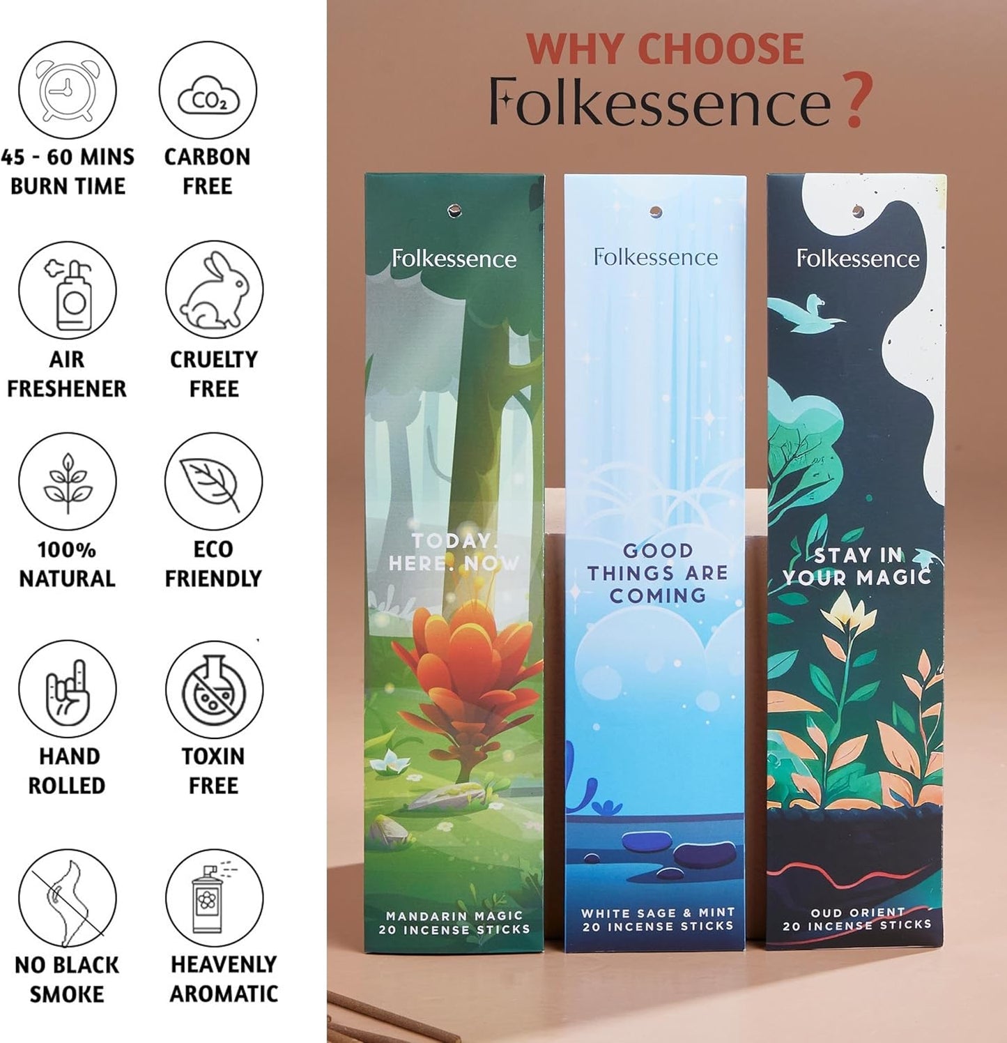 Folkulture Incense Sticks | Set of 6 (120 Non Toxic Insence-Sticks) with 45 Mins Burn Time | White Sage, Sandalwood, Oud Orient, Amber Space, Peach Fields | Organic Inscents-Stick Gift for Her