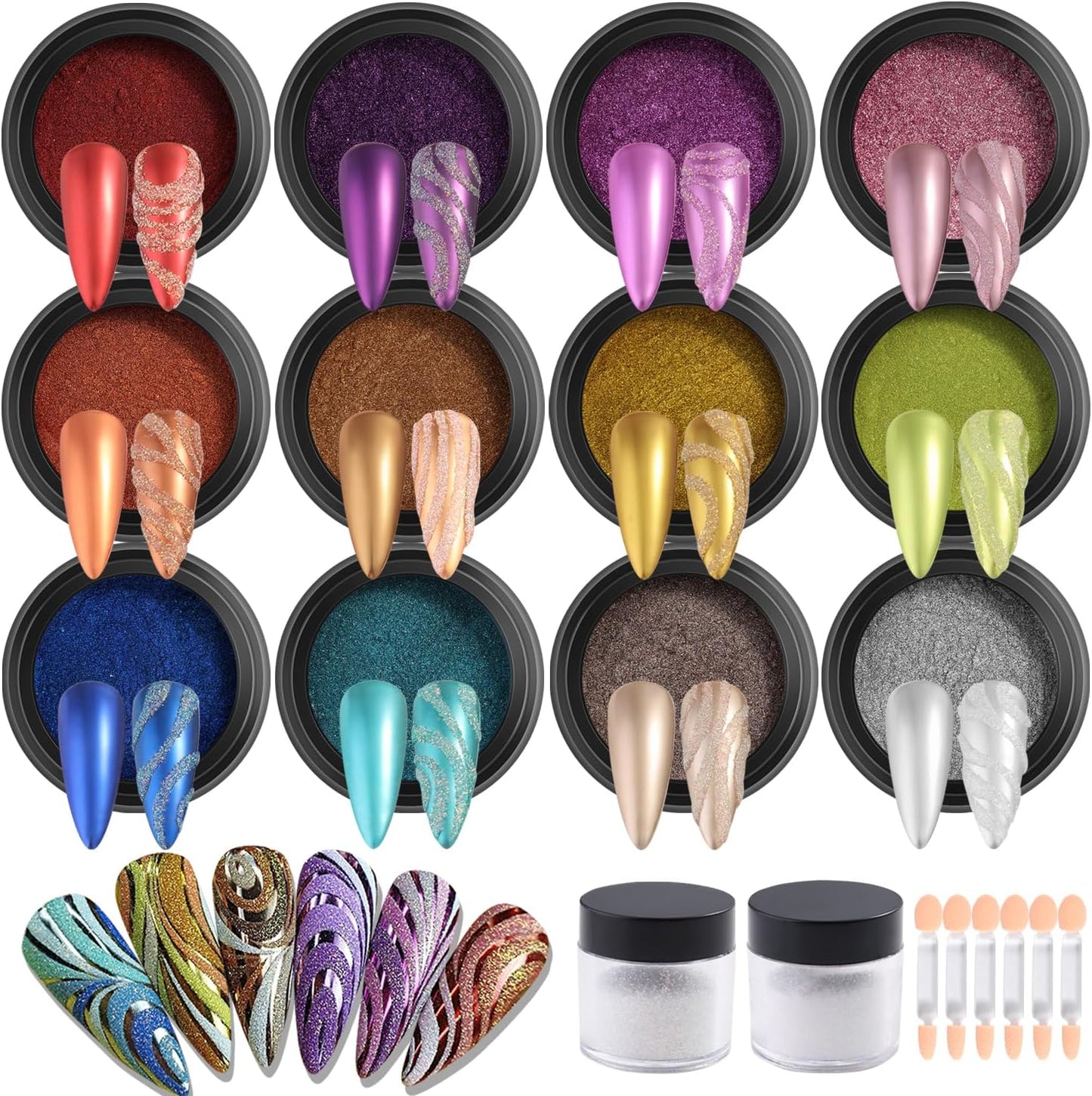 Chrome Nail Powder Set 12 Colors Gold Silver Bronze Chrome Powder for Nails Metallic Nail Glitter Red Green Blue Mirror Rub Pigment with 2PCS Extra Fine White Sugar Powder Nail Design