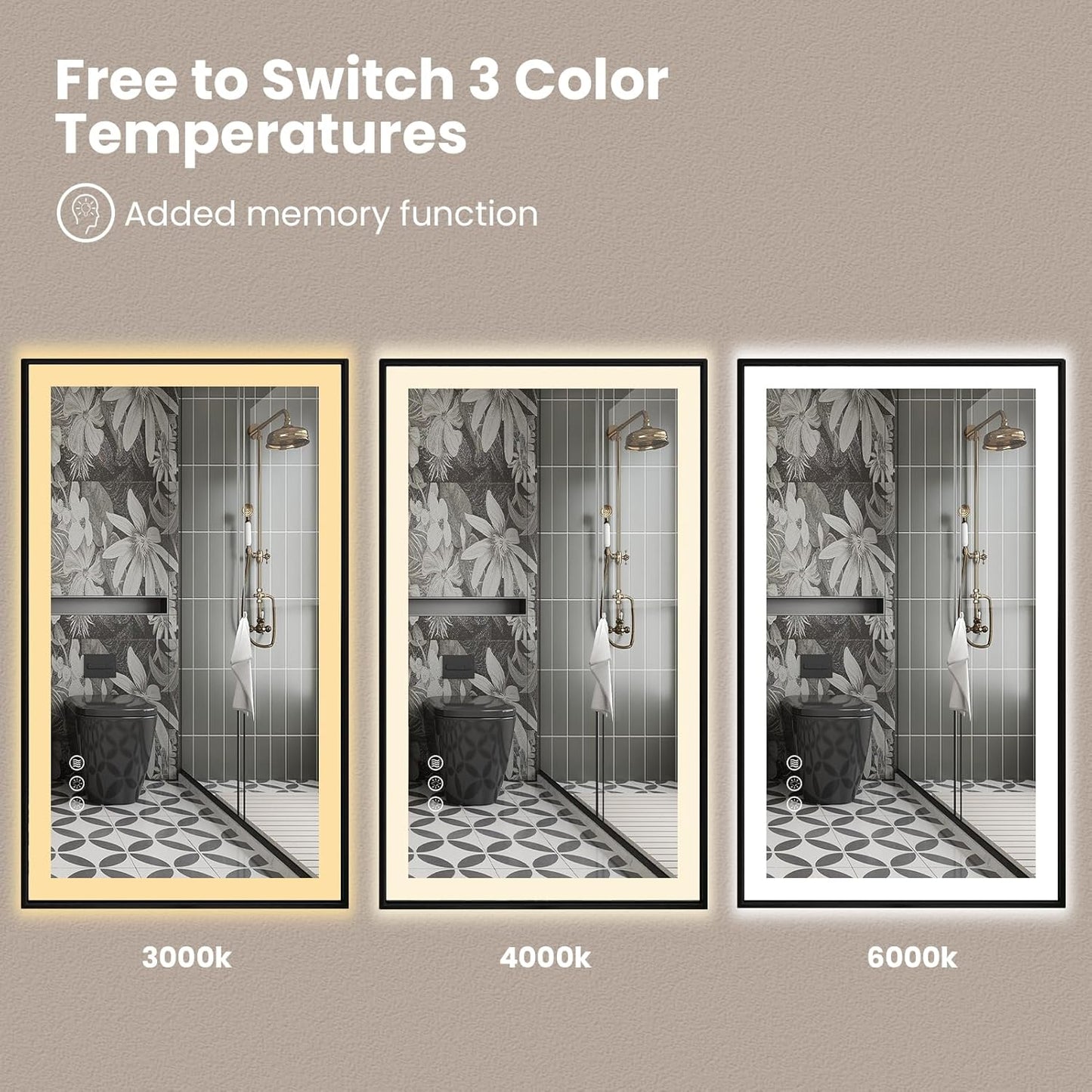 Amorho 36"x 32" LED Bathroom Mirror with Black Frame, Front Light and Backlit(Controlled Separately), Stepless Dimmable, Anti-Fog, Shatter-Proof, 3 Colors, Memory