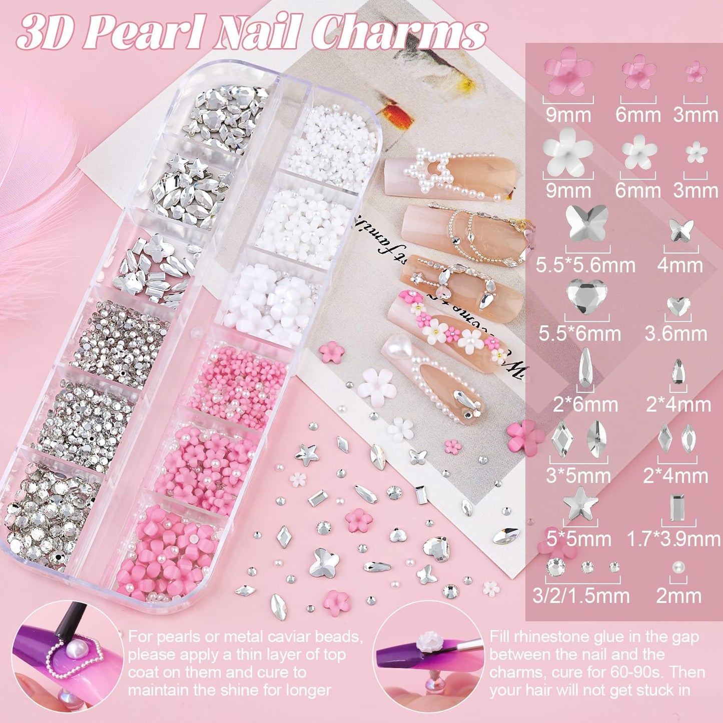 2 Boxes Metal Nail Beads (Silver+Gold) and 3D Flowers and Glass Rhinestones (Clear) for Art, Half Flatback Pearls (White) Crystals Pearl Nail Charms and Round Caviar Beads for Manicure Decor