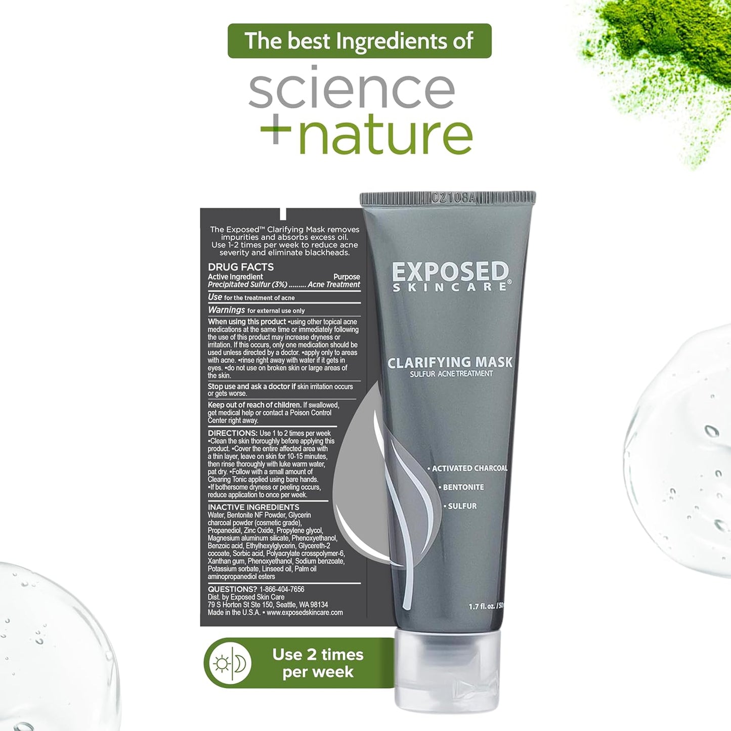 Exposed Skin Care Activated Charcoal Face Mask to Purify Skin, Regulate Oil Production and Visibly Minimize Pores – Clarifying Acne Treatment Mask with Bentonite and Sulfur (1.7 Fl. Oz.)