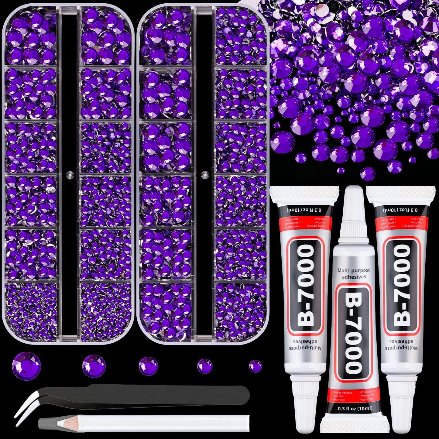 Resin Rhinestones for Crafting with B7000 Jewelry Glue, 2 Boxes Dark Violet Flatback Crystals with 3Pcs 10ml Glue for Bedazzling Crafts Nail Art Makeup, Non Hotfix Gems for Clothing Shoes