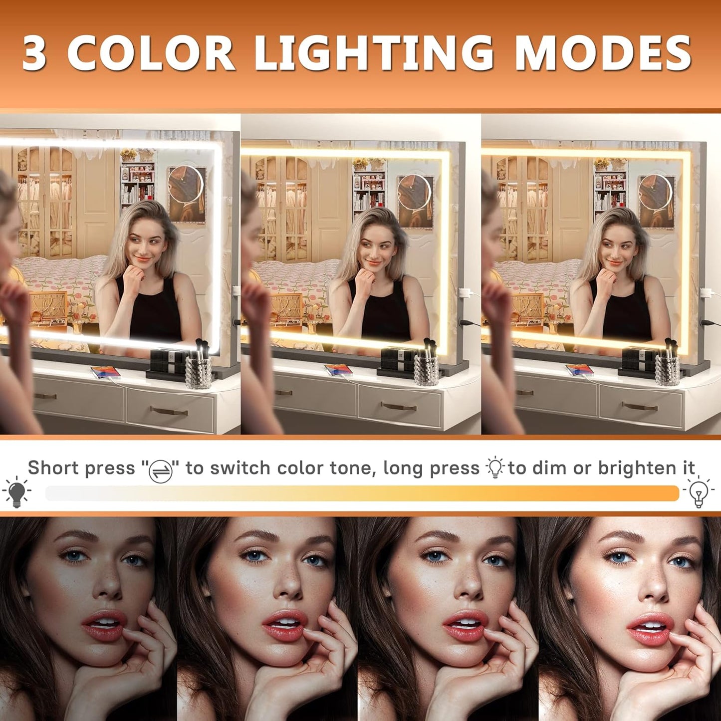 Hasipu Vanity Mirror with Lights, 32" x 22" LED Makeup Mirror, Lighted Makeup Mirror with Dimmable 3 Modes, Touch Screen Control Vanity Mirror Square Black