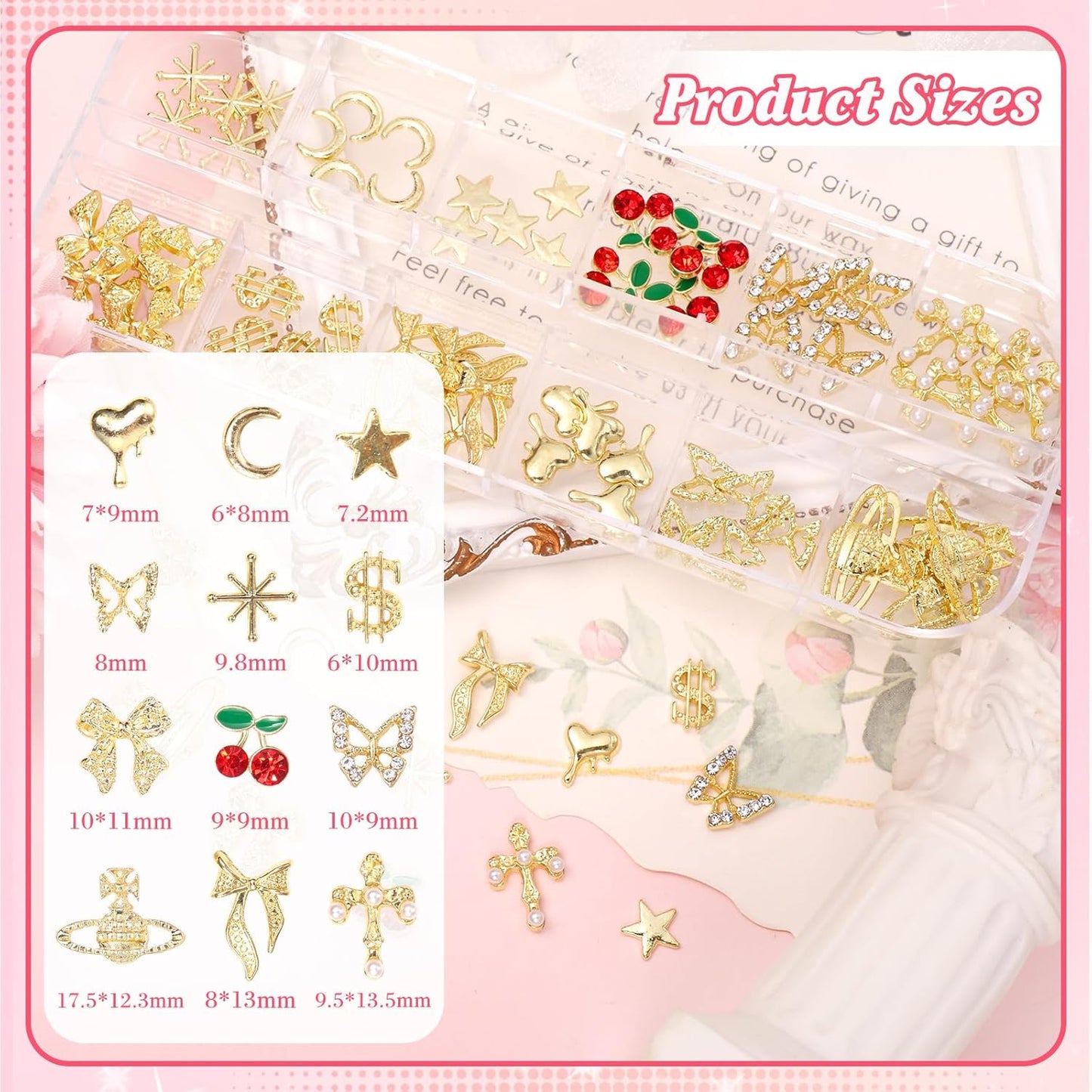 2 Boxes Alloy Gold Nail Charms, 3D Butterfly Star Cherry Nails Gems Charms, Mixed Shapes Golden Bows Heart Star Nail Studs Gold Flatback Pearls Beads for Nails Art Design DIY Accessories