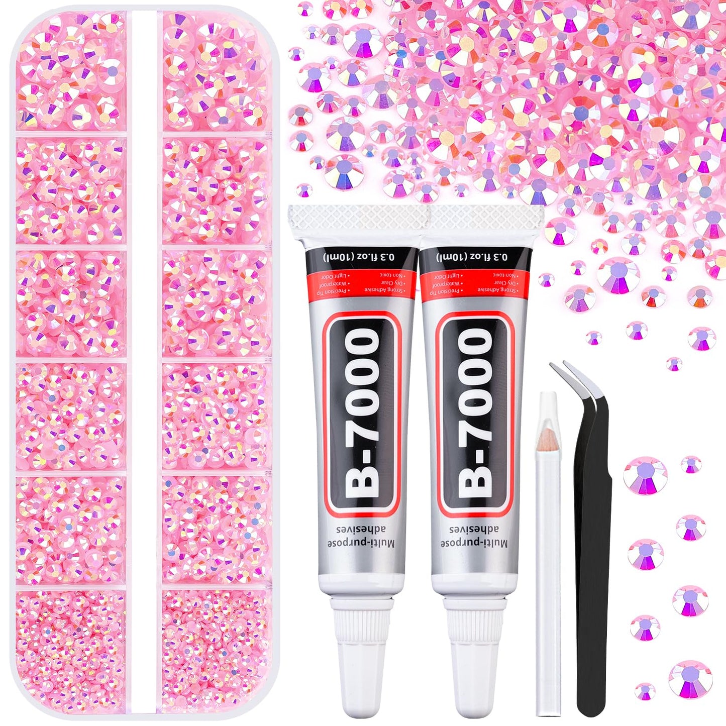 6100Pcs Jelly Resin Rhinestones for Crafting with 2Pcs 10ml B7000 Jewelry Glue, 1 Box Flatback Crystals Diamond (Light Pink AB) for Bedazzling Crafts DIY Nail Art Non Hotfix Gems for Clothing Shoes