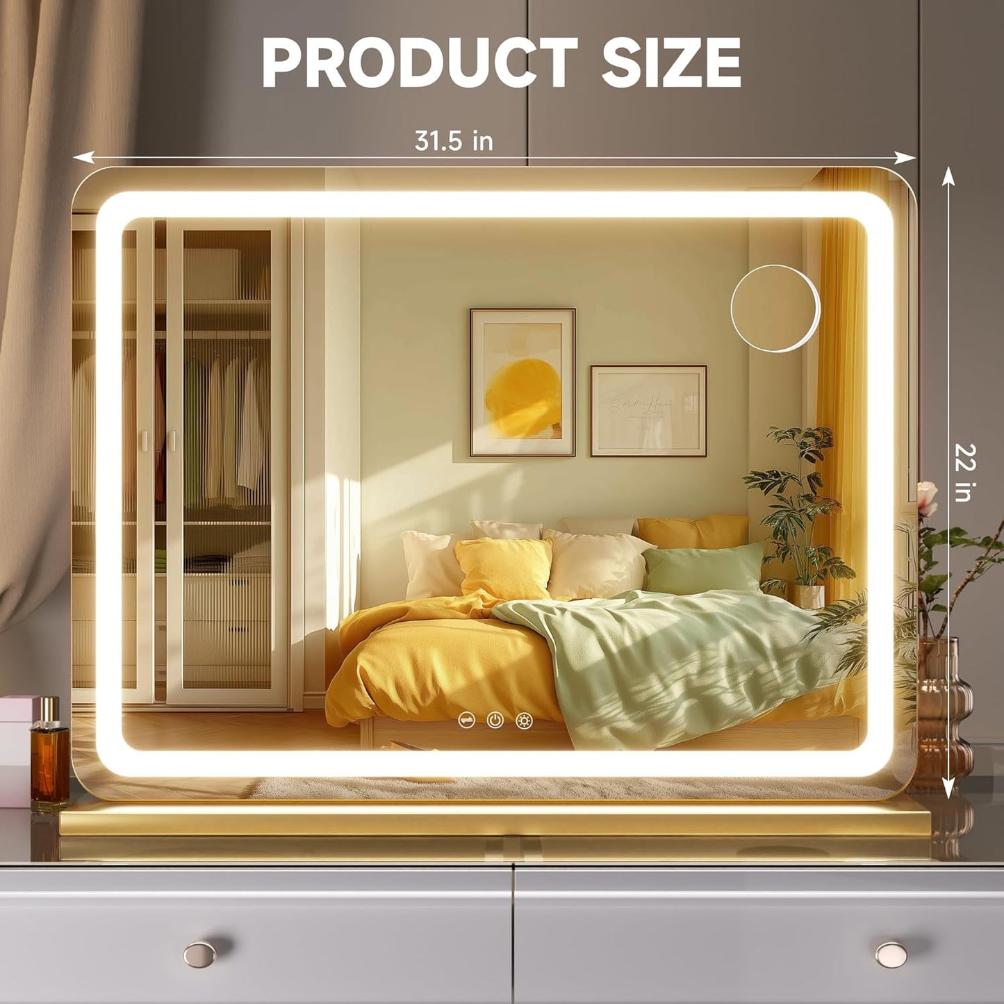 Hasipu Vanity Mirror with Lights, 31.5" x 22" LED Makeup Mirror, Lighted Makeup Mirror with Dimmable 3 Modes, Touch Screen Control Vanity Mirror Round Gold