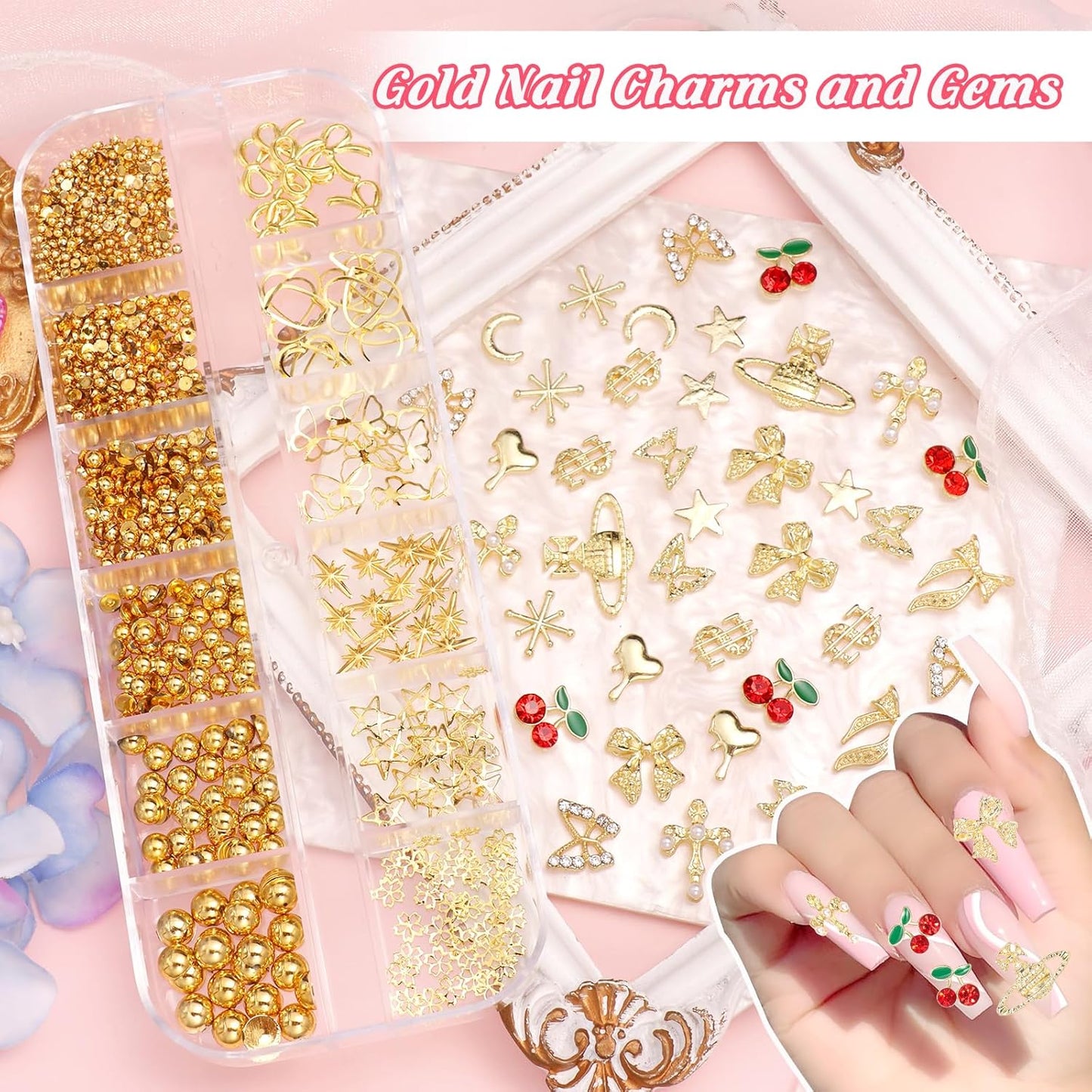 2 Boxes Alloy Gold Nail Charms, 3D Butterfly Star Cherry Nails Gems Charms, Mixed Shapes Golden Bows Heart Star Nail Studs Gold Flatback Pearls Beads for Nails Art Design DIY Accessories