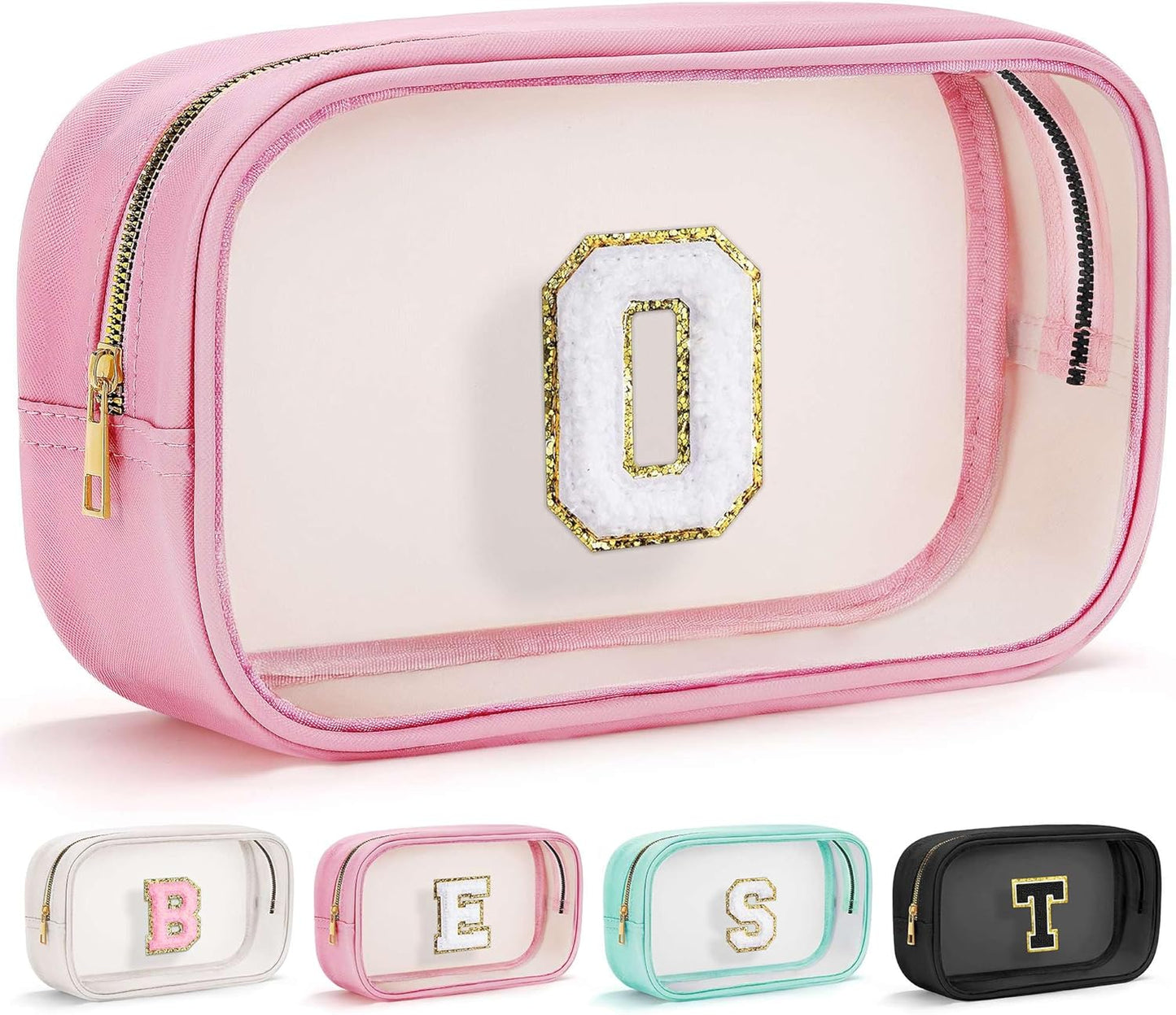 YOOLIFE Travel Clear Makeup Bag Toiletry Bag, Make up Bag Waterproof Toiletry Bags for Women Cosmetic Bag Preppy Stuff Birthday Gifts for Women Personalized Pink Mother Girlfriend Wife Gifts Letter O
