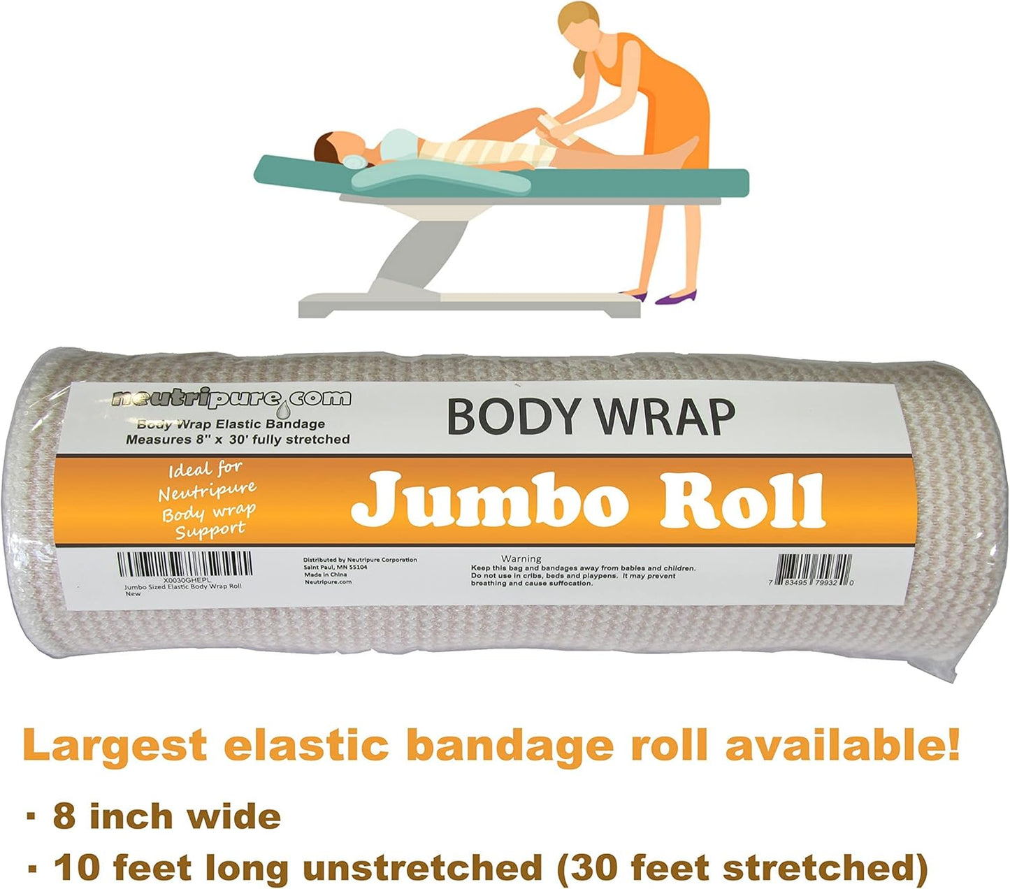 Neutripure Elastic Stretch Body Wrap - Bandage with Velco - 8 Inch Wide Jumbo Roll for Stomach