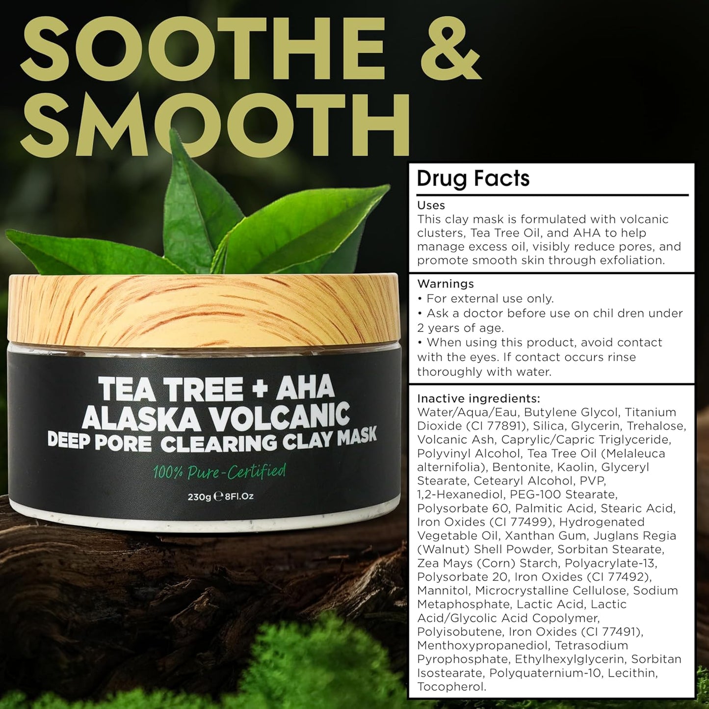 Blackhead Remover Mask With Tea Tree Oil | Clay Mask | Pore Minimizer for Face with Volcanic Ash | Soothes Redness & Irritation | Smooths Skin | Deep Cleansing Facial Treatment for All Skin Types