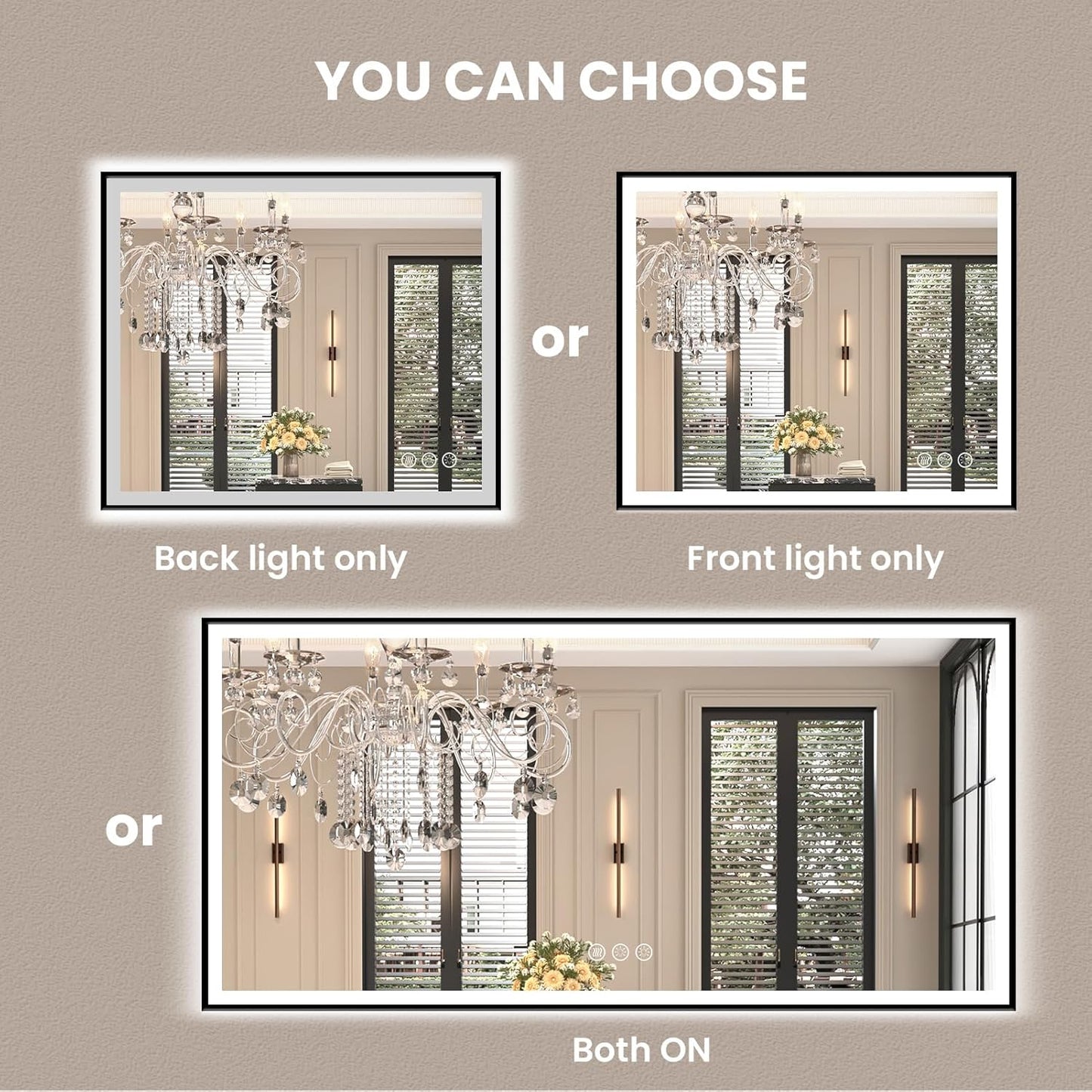 Amorho 48" X40" LED Bathroom Mirror with Black Frame, Front Light and Backlit(Controlled Separately), Stepless Dimmable, Anti-Fog, Shatter-Proof, 3 Colors, Memory