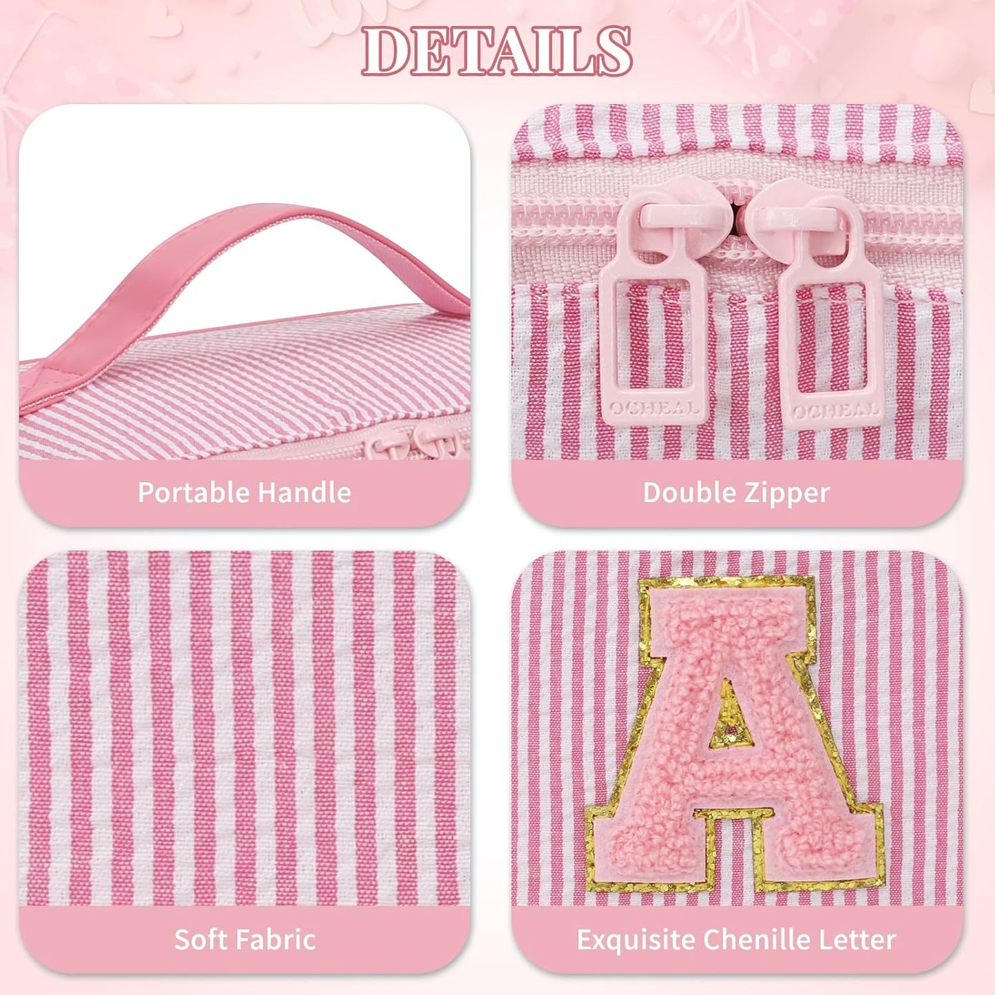 Travel Makeup Bag for Women, 2Pcs Portable Personalized Initial Makeup Organizer Bag, Open Flat Large Cosmetic Bag With Travel Essential Pouch (Pink Letter V)