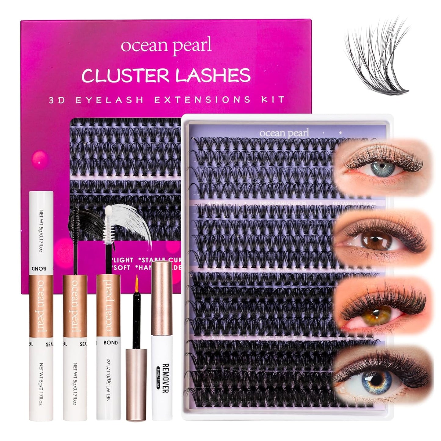 Ocean Pearl Lash Clusters 320PCS 12-20MM 30D+40D+80D+100D Lash Extension Kit Lashes Clusters Eyelashes Cluster Eyelash Extensions Thick Individual Lashes Kit with Lash bond&seal&remover&tweezer-4