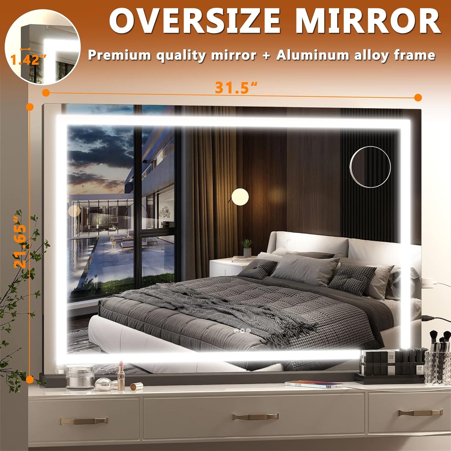 Hasipu Vanity Mirror with Lights, 32" x 22" LED Makeup Mirror, Lighted Makeup Mirror with Dimmable 3 Modes, Touch Screen Control Vanity Mirror Square Black