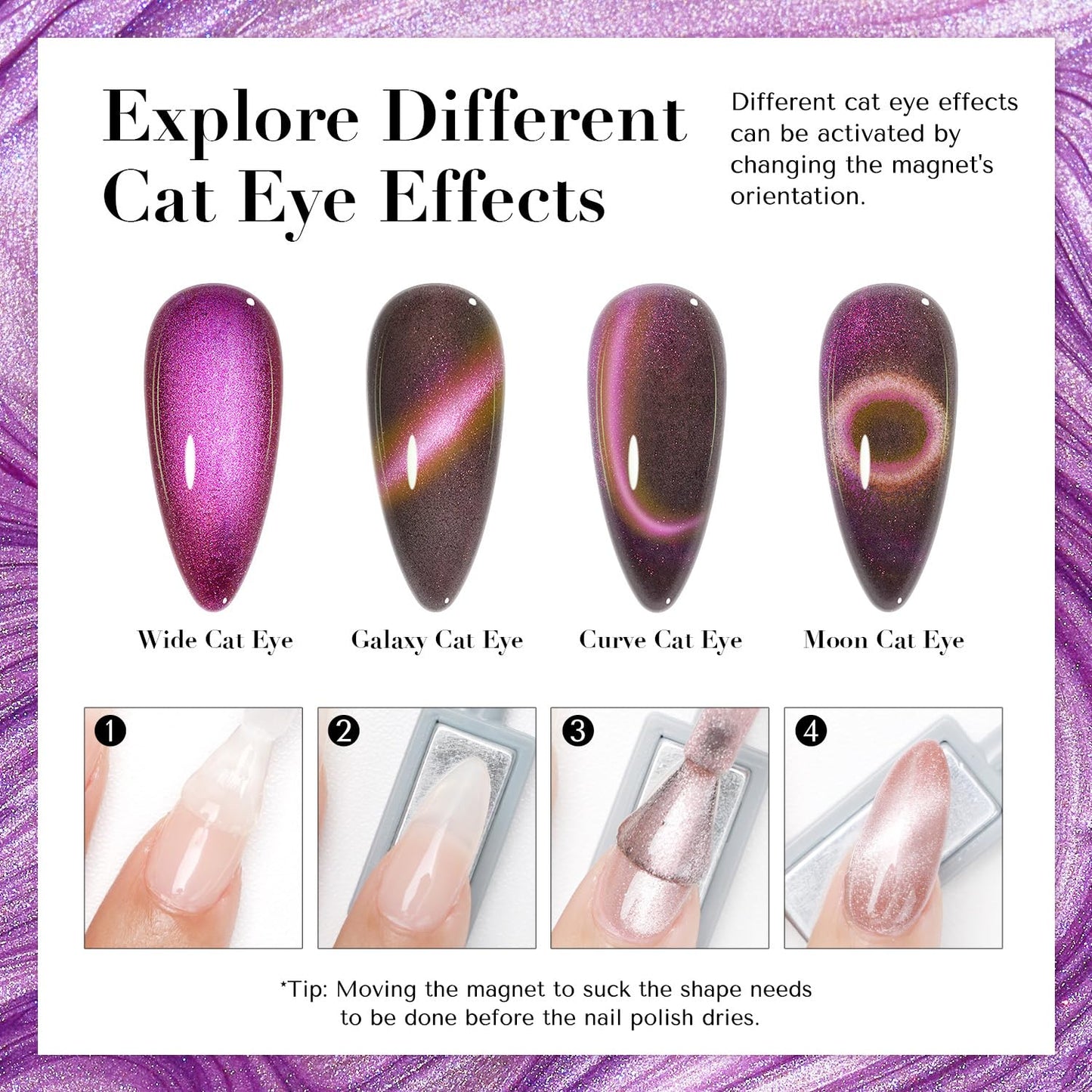 AZUREBEAUTY Cat Eye Nail Polish Set Quick Dry Mooncat Glitter Holographic Purple Black Red 4 Colors Natural Fingernail with Top Coat DIY Salon Home no Gel