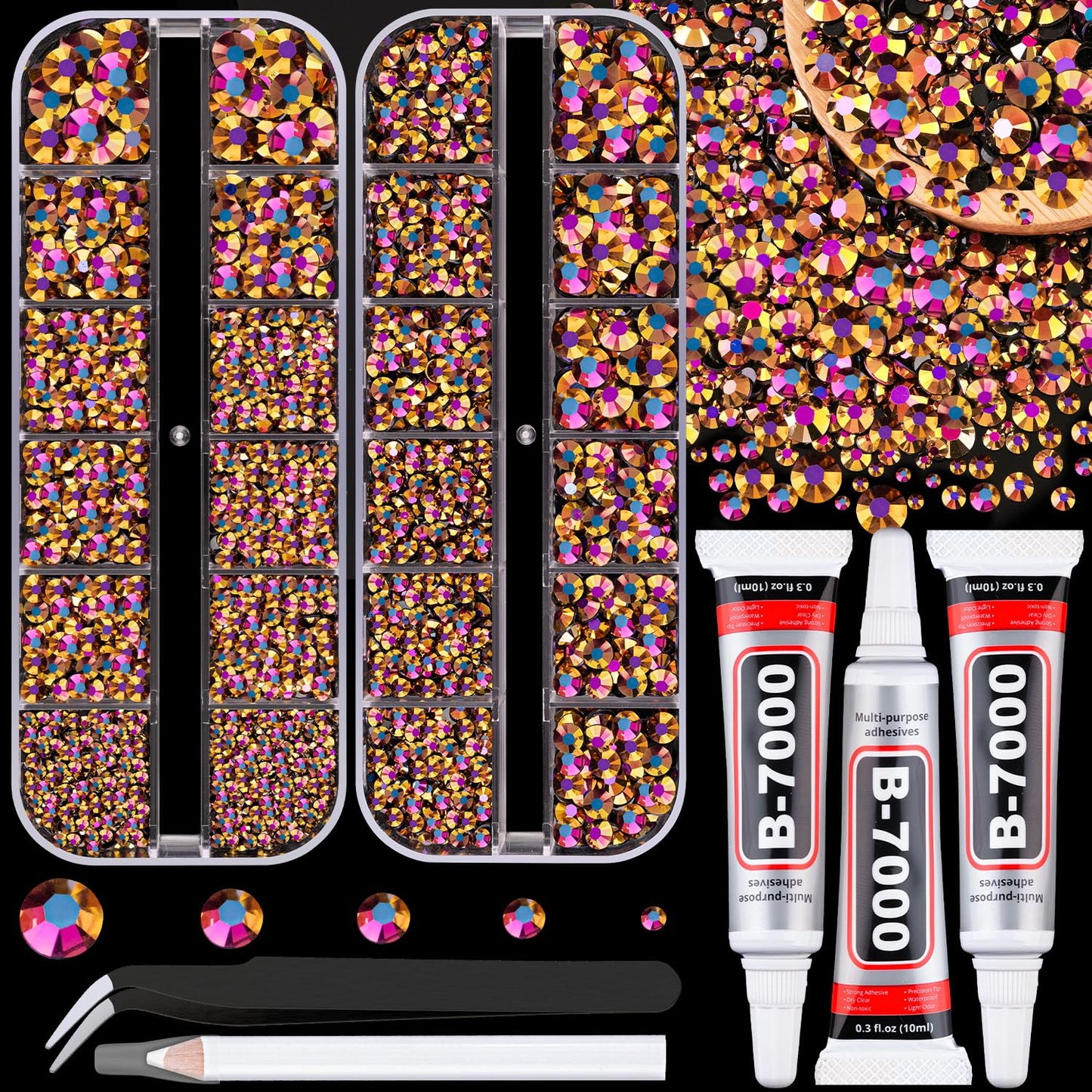 Resin Jelly Rhinestones for Crafting with B7000 Jewelry Glue, 2 Boxes Gold Rose AB Flatback Crystals with 3Pcs 10ml Glue, Bedazzling Non Hotfix Gems for DIY Tumblers Clothing Shoes Manicure