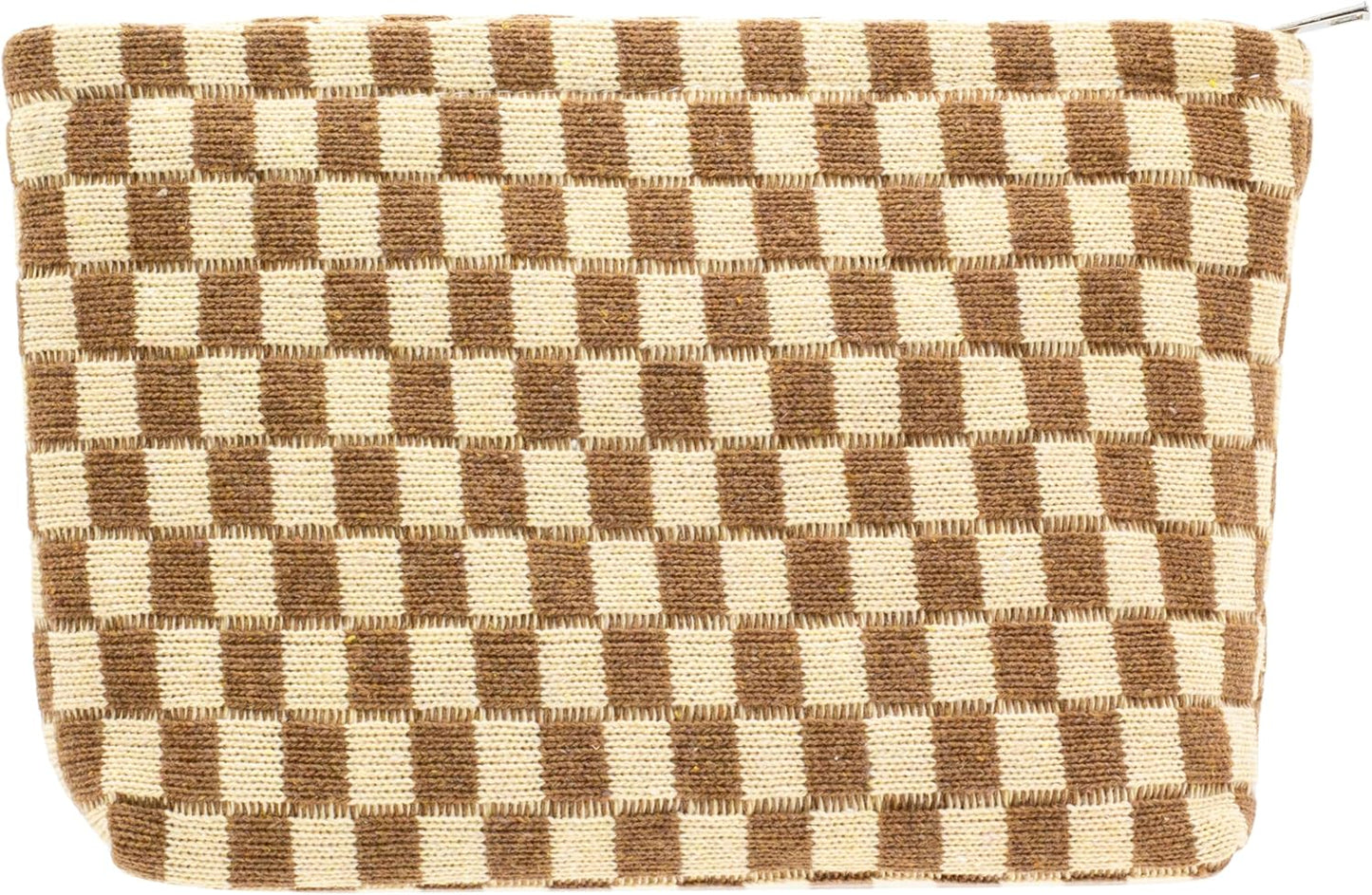 PAZIMIIK Knitted Checkered Makeup Bag Large Zipper Make Up Accessory Pouch for Purse Cosmetic Brush Bag for Travel Essential,Coffee