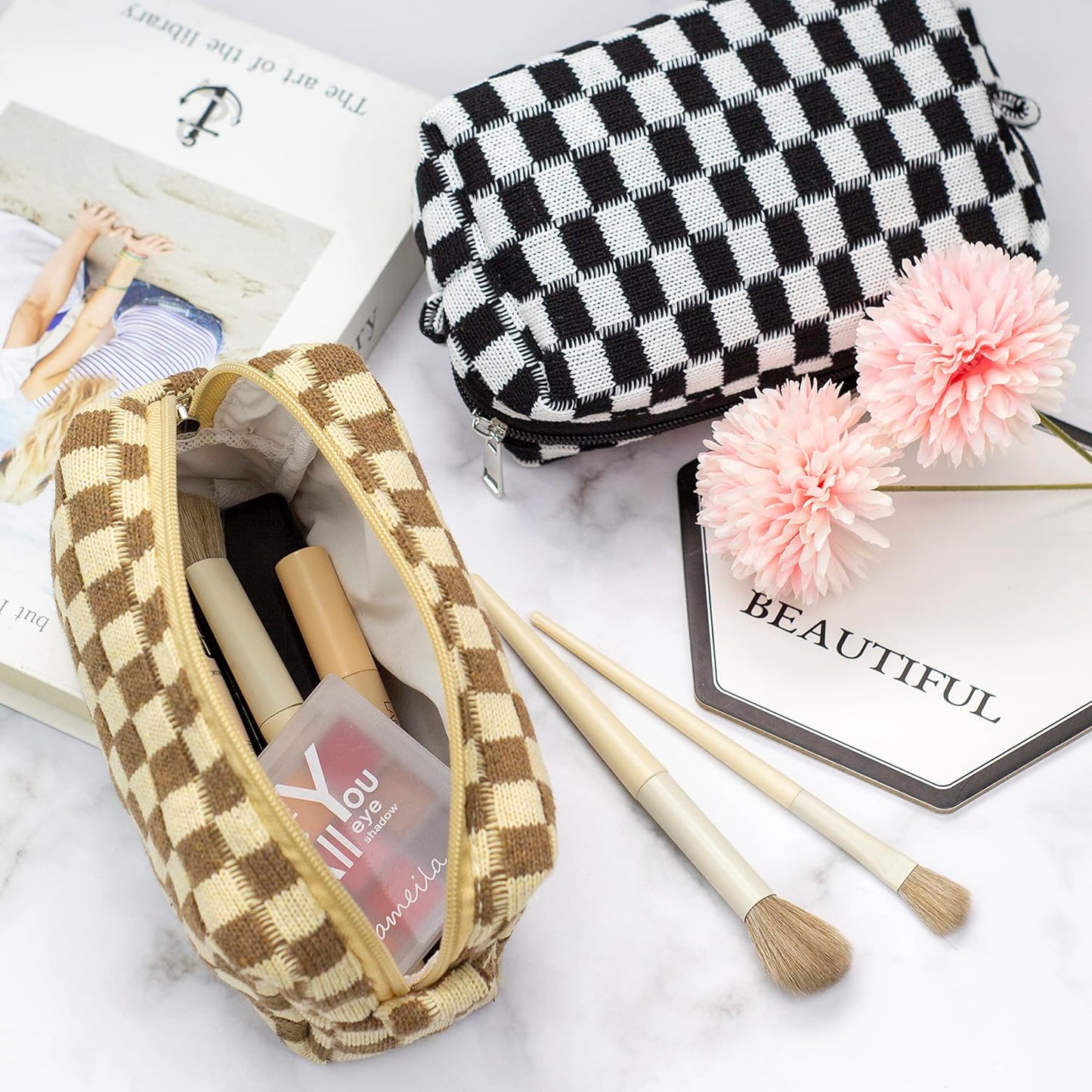 PAZIMIIK Checkered Makeup Bag for Purse Portable Zipper Make Up Pouch Small Cosmetic Case for Travel Accessories (2PCS Black Coffee)